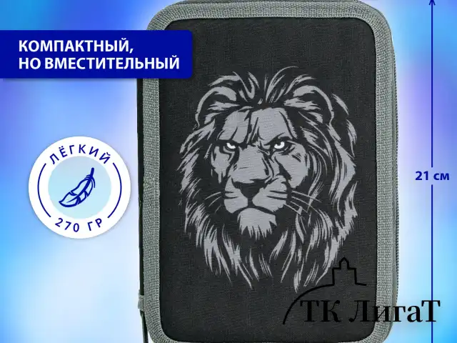 Пенал BRAUBERG, 2 отделения, полиэстер, 21х14 см, "Savage lion", 272331