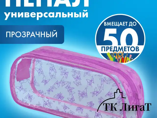 Пенал-косметичка BRAUBERG LUCENT на молнии, прозрачный, "Butterfly", 21х5х9 см, 272344