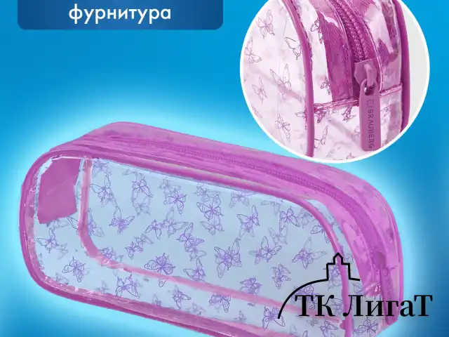 Пенал-косметичка BRAUBERG LUCENT на молнии, прозрачный, "Butterfly", 21х5х9 см, 272344