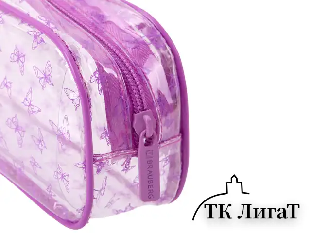 Пенал-косметичка BRAUBERG LUCENT на молнии, прозрачный, "Butterfly", 21х5х9 см, 272344