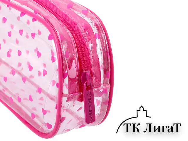 Пенал-косметичка BRAUBERG LUCENT на молнии, прозрачный, "Hearts", 21х5х9 см, 272345
