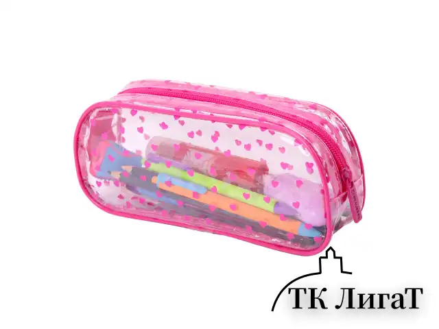 Пенал-косметичка BRAUBERG LUCENT на молнии, прозрачный, "Hearts", 21х5х9 см, 272345