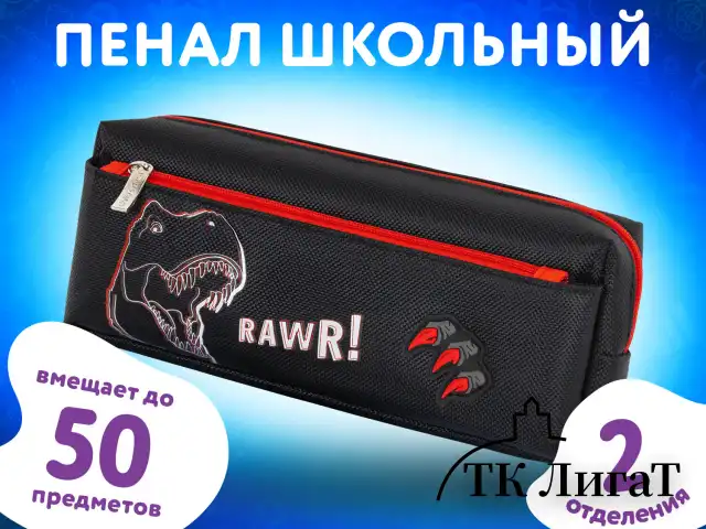 Пенал мягкий ЮНЛАНДИЯ, 2 отделения, полиэстер, "Roar", черный, 21х9х6 см, 272347