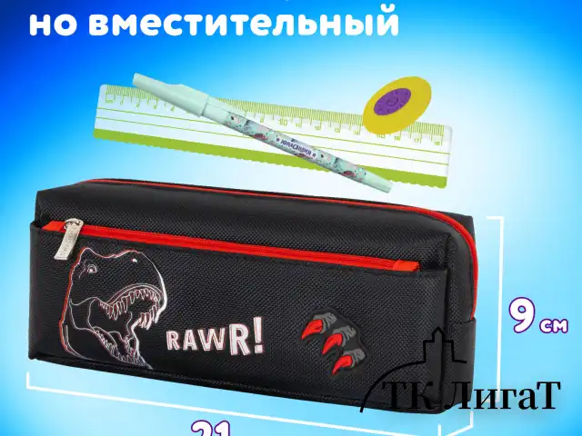 Пенал мягкий ЮНЛАНДИЯ, 2 отделения, полиэстер, "Roar", черный, 21х9х6 см, 272347