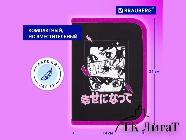 Пенал BRAUBERG с наполнением, 1 отделение, 1 откидная планка, 24 предмета, 21х14 см, "Anime movie", 272349