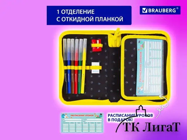 Пенал BRAUBERG с наполнением, 1 отделение, 1 откидная планка, 24 предмета, 21х14 см, "Dark cat", 272351