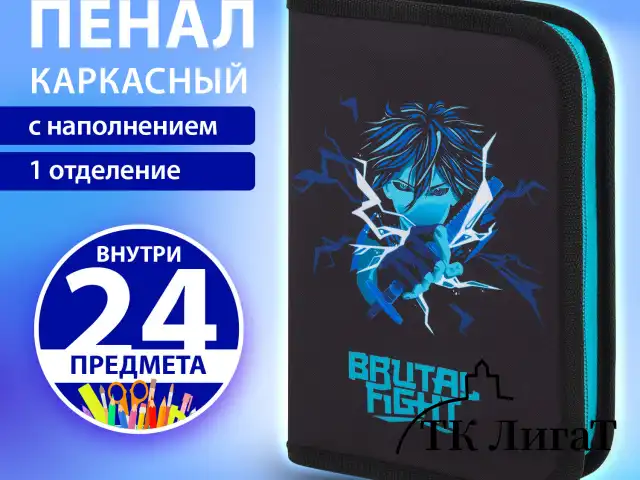 Пенал BRAUBERG с наполнением, 1 отделение, 1 откидная планка, 24 предмета, 21х14 см, "Anime fight", 272354