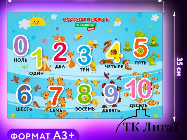 Настольное покрытие BRAUBERG KIDS для труда и творческих занятий, ПВХ, "Numbers", 50х35 см, 272361