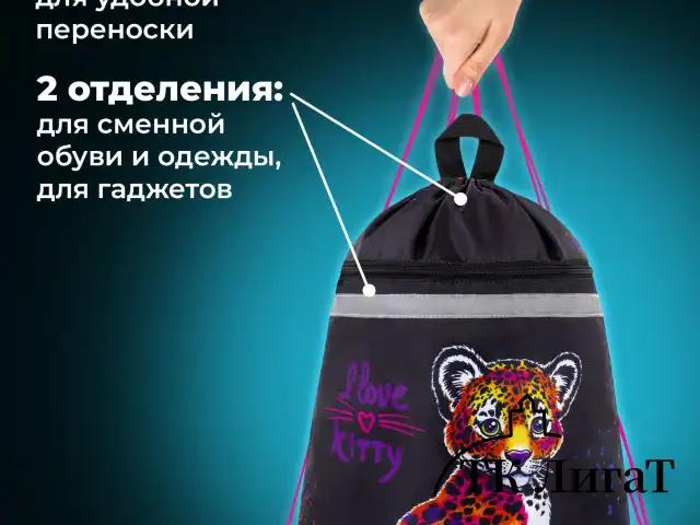 Мешок для обуви BRAUBERG, с петлей, светоотражающая полоса, 2 отделения, 46х36 см, Leopard, 272395