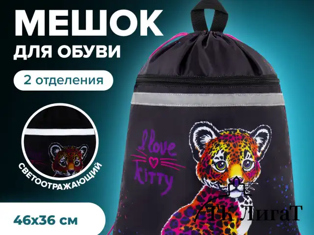 Мешок для обуви BRAUBERG, с петлей, светоотражающая полоса, 2 отделения, 46х36 см, Leopard, 272395
