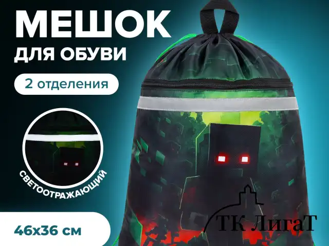 Мешок для обуви BRAUBERG, с петлей, светоотражающая полоса, 2 отделения, 46х36 см, Night warrior, 272396