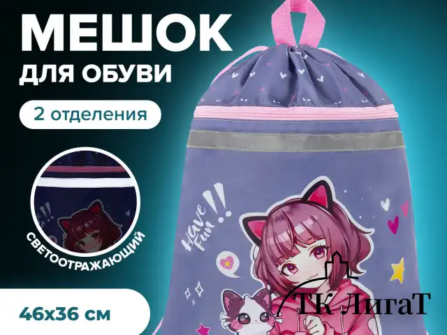 Мешок для обуви BRAUBERG, с петлей, светоотражающая полоса, 2 отделения, 46х36 см, Anime friends, 272398