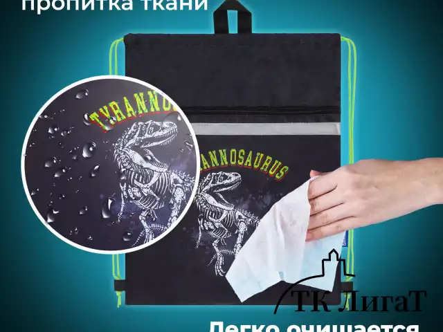 Мешок для обуви BRAUBERG, с петлей, светоотражающая полоса, 2 отделения, 46х36 см, Tyrannosaur, 272399