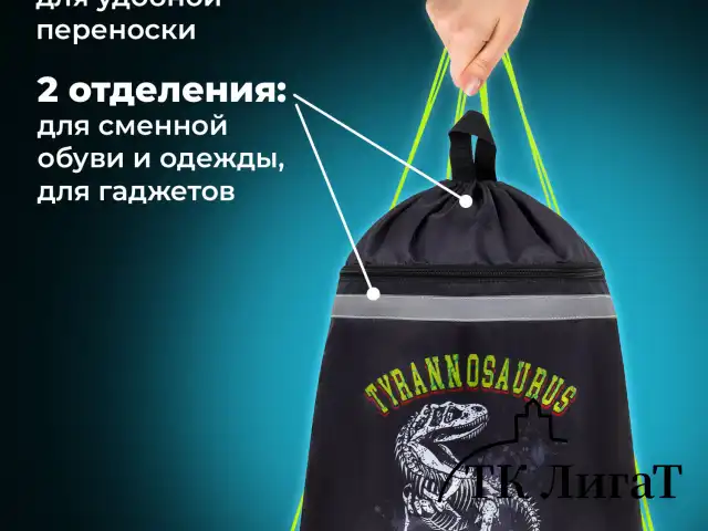 Мешок для обуви BRAUBERG, с петлей, светоотражающая полоса, 2 отделения, 46х36 см, Tyrannosaur, 272399