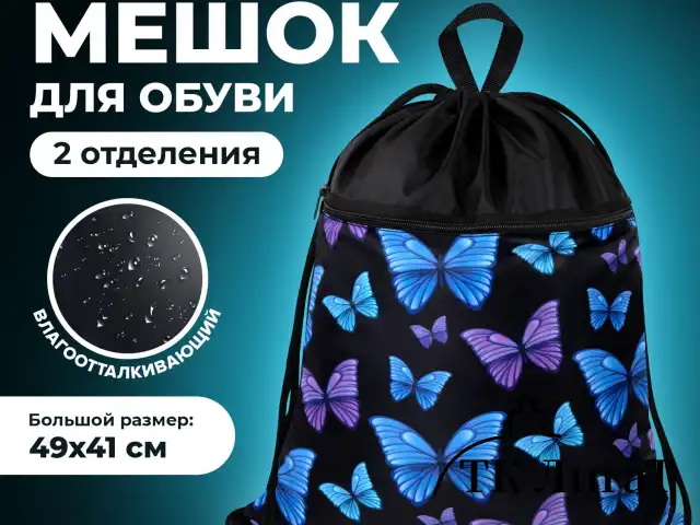 Мешок для обуви BRAUBERG БОЛЬШОЙ, с ручкой, карман на молнии, сетка, 49х41 см, "Fly aways", 272402