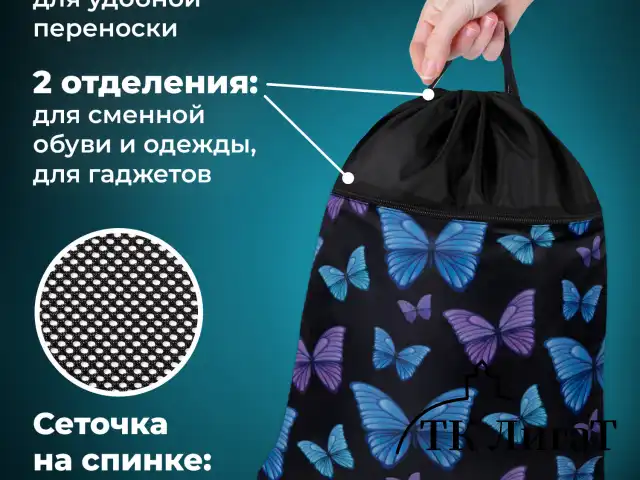 Мешок для обуви BRAUBERG БОЛЬШОЙ, с ручкой, карман на молнии, сетка, 49х41 см, "Fly aways", 272402