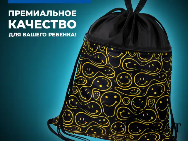 Мешок для обуви BRAUBERG БОЛЬШОЙ, с ручкой, карман на молнии, сетка, 49х41 см, "Smiles", 272403