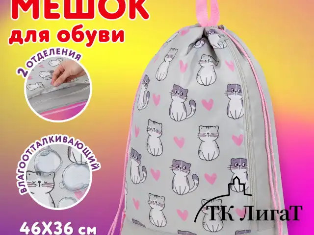 Мешок для обуви ЮНЛАНДИЯ с ручками, боковой карман на молнии, 46х36 см, "Kitties", 272407