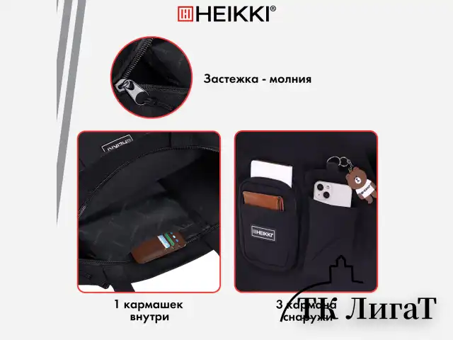 Сумка шоппер HEIKKI EQUIP (ХЕЙКИ), канвас, карманы, 38х35 см, черный, 272441