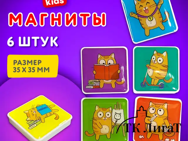 Магниты квадратные стеклянные 35 мм для досок магнитно-маркерных, НАБОР 6 шт., "Кот-энтузиаст" BRAUBERG KIDS, блистер, 272514