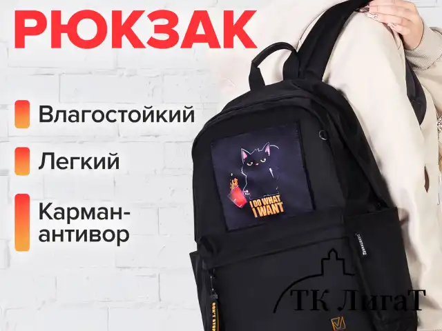 Рюкзак BRAUBERG FASHION CITY универсальный, карман-антивор, Cat, черный, 44х31х16 см, 272569