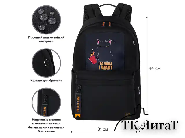 Рюкзак BRAUBERG FASHION CITY универсальный, карман-антивор, Cat, черный, 44х31х16 см, 272569
