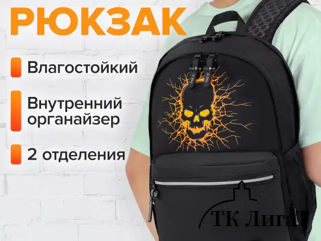 Рюкзак BRAUBERG FASHION CITY универсальный, 2 отделения, Skull, черный, 46х31х15 см, 272572