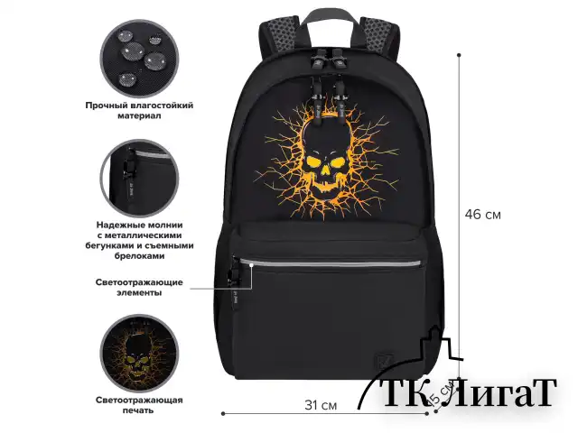 Рюкзак BRAUBERG FASHION CITY универсальный, 2 отделения, Skull, черный, 46х31х15 см, 272572