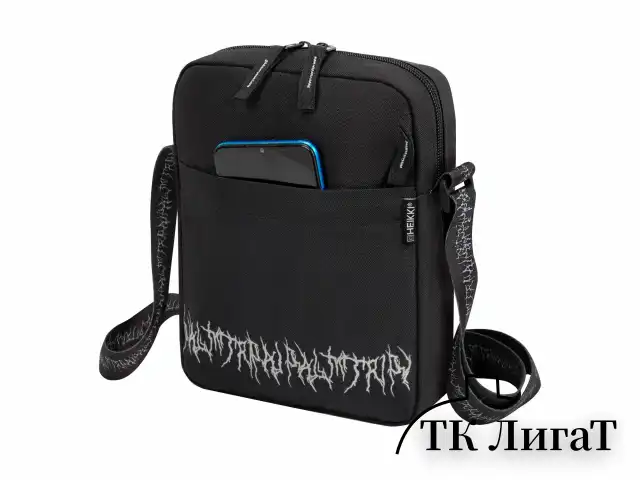 Сумка на плечо HEIKKI COMPACT (ХЕЙКИ) с карманом, черная с принтом, 23х17х5 см, 272629