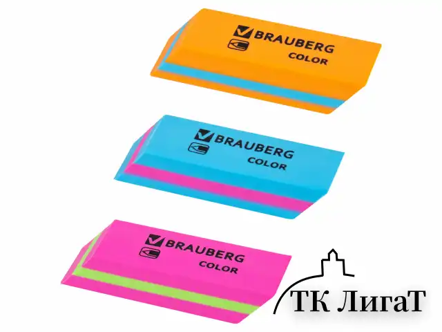 Ластик BRAUBERG "Color", 55х15х13 мм, прямоугольный, скошенный, яркие цвета ассорти, 272671
