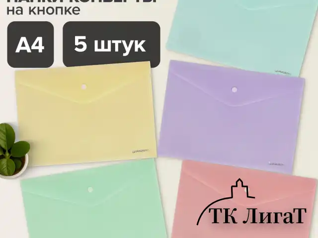 Папка-конверт с кнопкой А4, КОМПЛЕКТ 5 шт., пастельные цвета ассорти, BRAUBERG "PASTEL", 0,18 мм, 272866