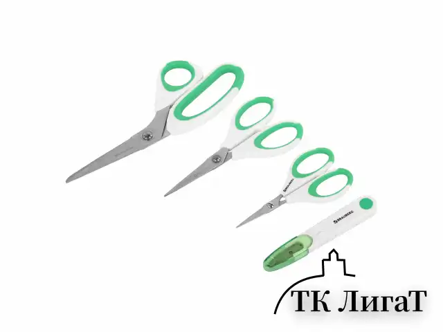 Ножницы BRAUBERG "MAXI" КОМПЛЕКТ 4 шт.: 115, 145, 205 мм + сниппер (для ниток), бело-зеленые ручки, 272982