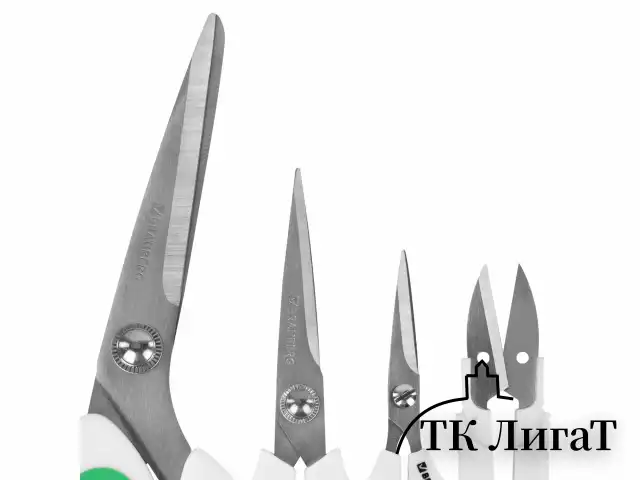 Ножницы BRAUBERG "MAXI" КОМПЛЕКТ 4 шт.: 115, 145, 205 мм + сниппер (для ниток), бело-зеленые ручки, 272982