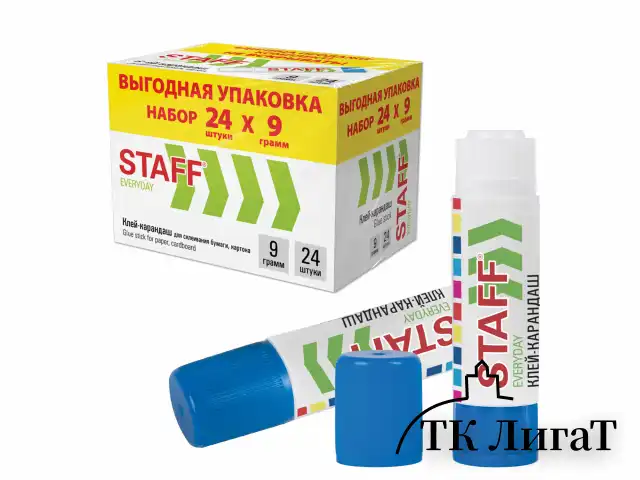Клей-карандаш 9 г, ВЫГОДНАЯ УПАКОВКА, КОМПЛЕКТ 24 ШТУКИ, STAFF EVERYDAY, 273016