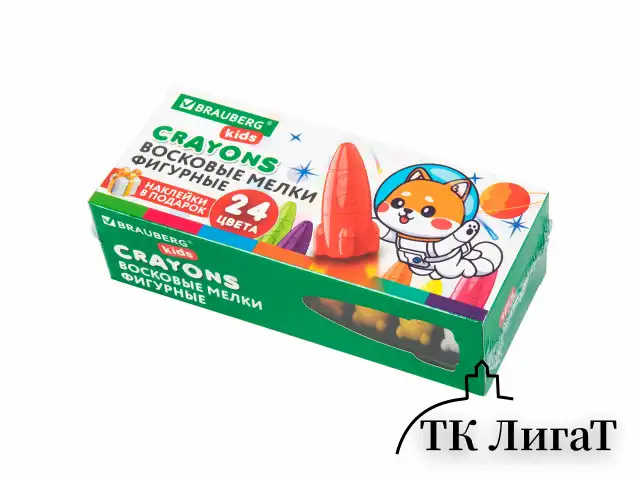 Восковые мелки фигурные BRAUBERG KIDS "РАКЕТА", НАБОР 24 цвета + НАКЛЕЙКИ В ПОДАРОК, 273083