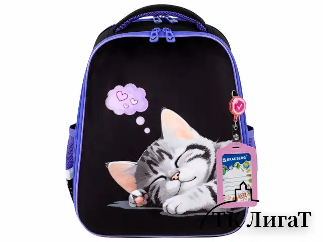 Ранец BRAUBERG FIT, 2 отделения, Sleeping kitten, велюровая панель, 38х27х14 см, 273107