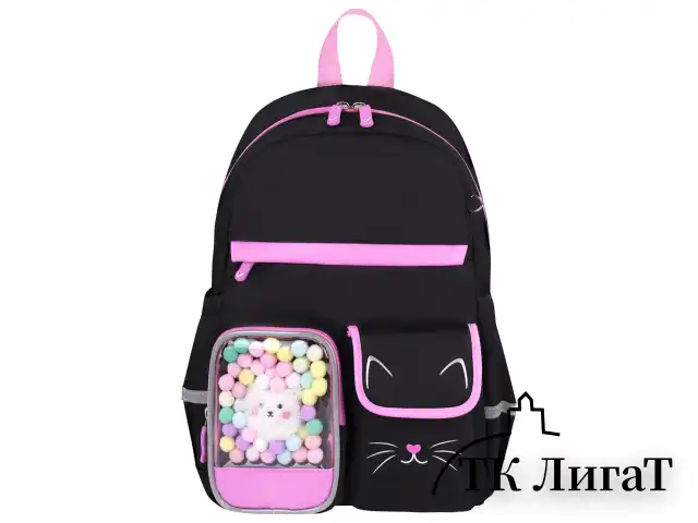 Рюкзак BRAUBERG PASTEL с термонашивками в комплекте, "Black kitty", черный, 40х29х14 см, 273128