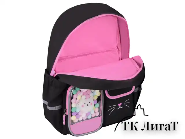 Рюкзак BRAUBERG PASTEL с термонашивками в комплекте, "Black kitty", черный, 40х29х14 см, 273128