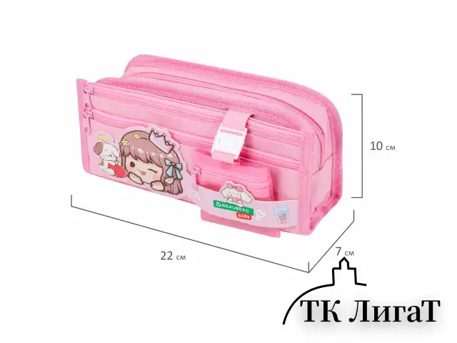 Пенал мягкий BRAUBERG KIDS, 3 отделения, кармашек на карабине, полиэстер, "Sweet friends", 22х10х7 см, 273558