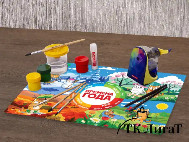 Настольное покрытие BRAUBERG KIDS, А3+, пластик, 46x33 см, "Кот-энтузиаст изучает Времена года", 273618