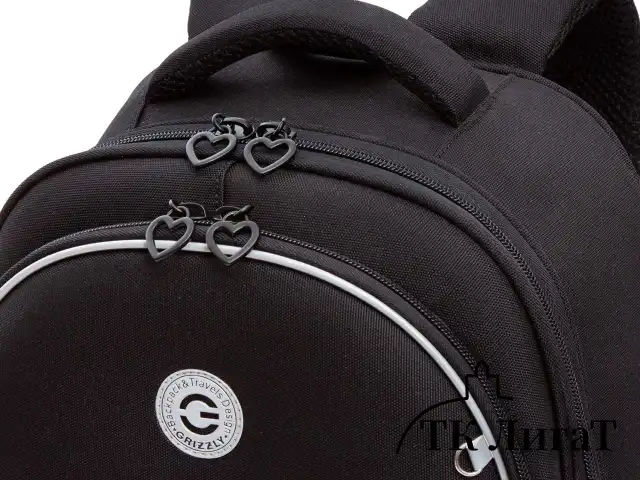 Ранец GRIZZLY анатомическая спинка, c брелоком, для девочек, "HEARTS", чёрный 36х28х20 см, RAz-586-5/1