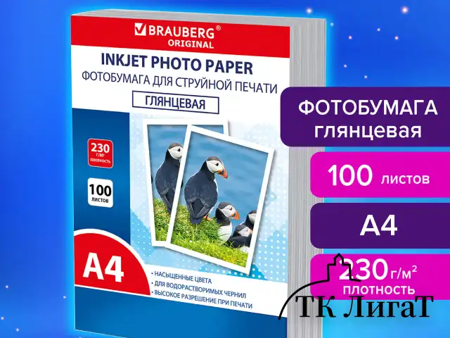 Фотобумага глянцевая, А4, 230 г/м2, односторонняя, 100 листов, ПАКЕТ, BRAUBERG ORIGINAL 364421