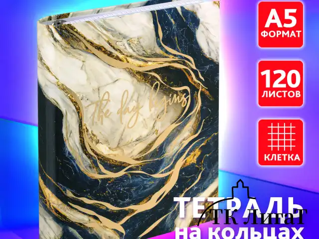 Тетрадь на кольцах А5 175х215 мм, 120 листов, твердый картон, фольга, клетка, BRAUBERG, "Marble", 404719