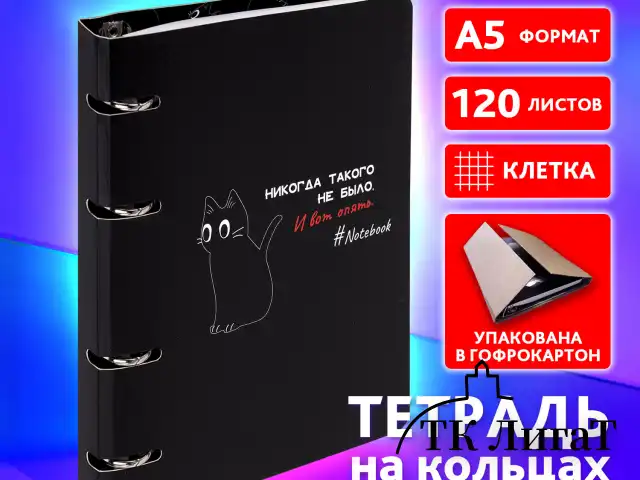 Тетрадь на кольцах А5 160х212 мм, 120 листов, картон, матовая ламинация, клетка, BRAUBERG, "Просто Кот", 404723