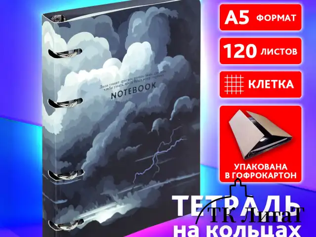 Тетрадь на кольцах А5 160х212 мм, 120 листов, картон, матовая ламинация, клетка, BRAUBERG, "Clouds", 404726