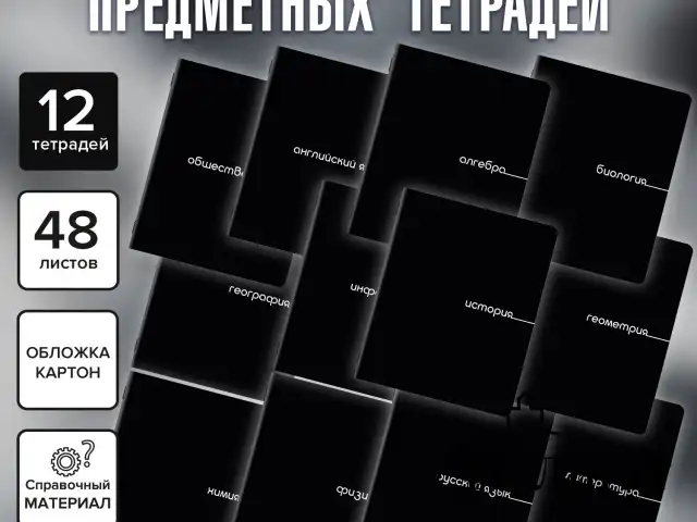 Тетради предметные, КОМПЛЕКТ 12 ПРЕДМЕТОВ, 48 л., обложка картон, BRAUBERG "BLACK", 405164