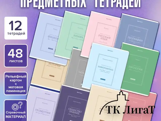 Тетради предметные, КОМПЛЕКТ 12 ПРЕДМЕТОВ, 48 л., рельефный картон, матовая ламинация, BRAUBERG "CLASSIC", 405180