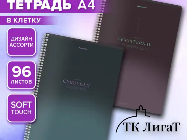 Тетрадь А4 96 л., BRAUBERG, гребень, клетка, SoftTouch, Peaceful, (микс в спайке), 405312