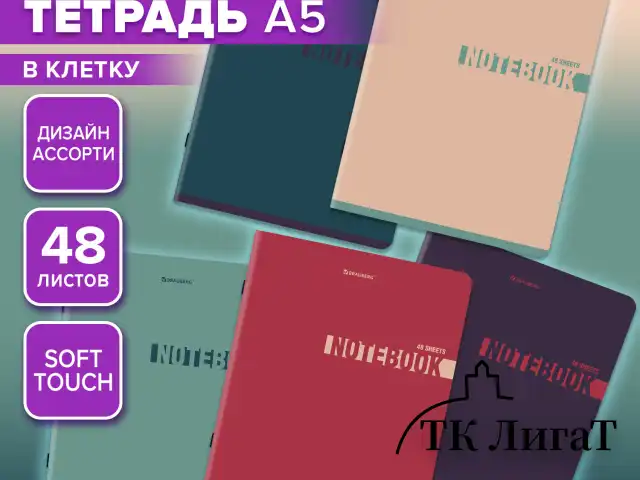 Тетрадь А5, 48 л., BRAUBERG, скоба, клетка, SoftTouch, "NoteColor", (микс в спайке), 405326