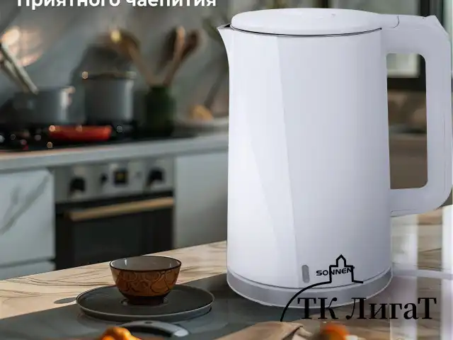 Чайник электрический с двойными стенками SONNEN KT-8718W, 1,7 л, 2200 Вт, белый, 454685